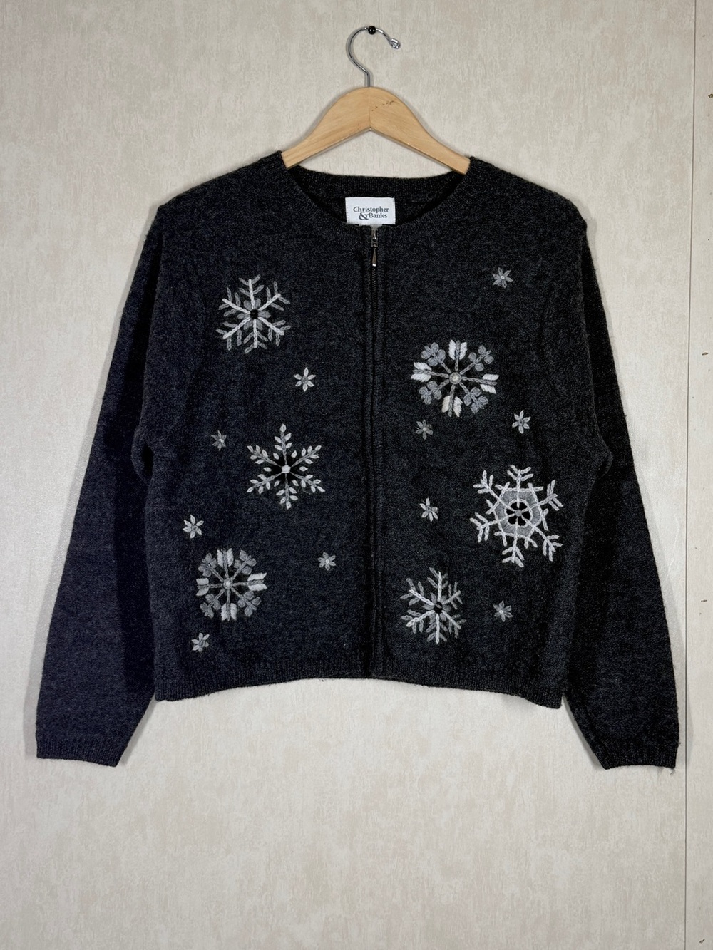 Christopher & Banks 100% Wool Cardigan Sweater Embroidered Snowflake in Gray S